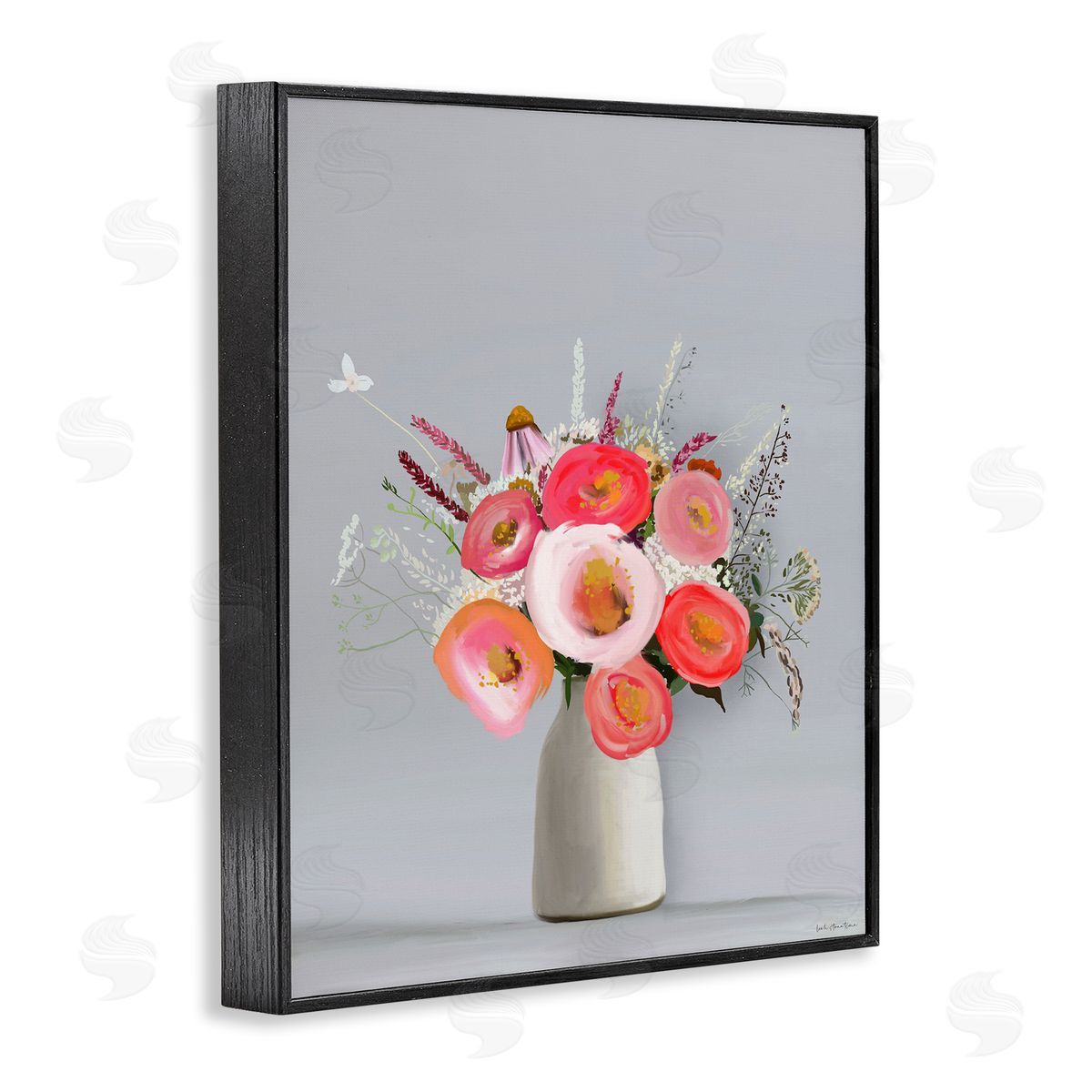 Flower Vase Pink Grey Painting Black Frame Print Wall Art, Home Decor by Leah Straatsma