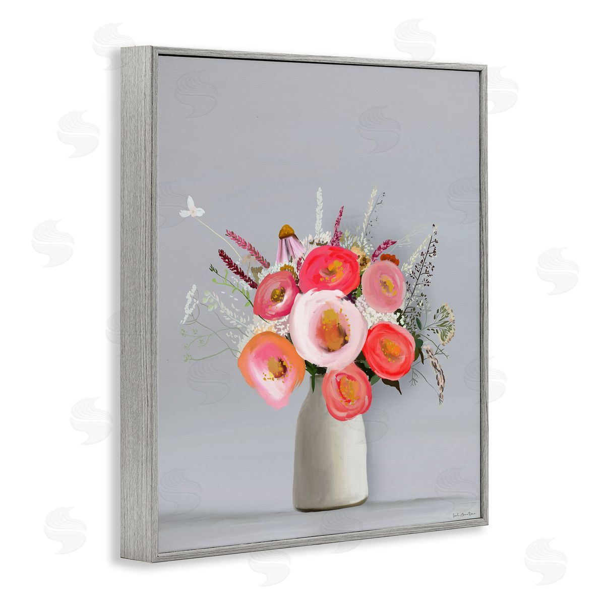 Flower Vase Pink Grey Painting Grey Frame Print Wall Art, Home Decor by Leah Straatsma