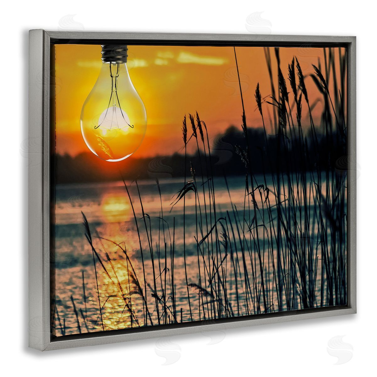 Lightbulb Lake Reeds Photograph Grey Floating Frame Canvas Wall Art, Home Decor by Marcus Prime