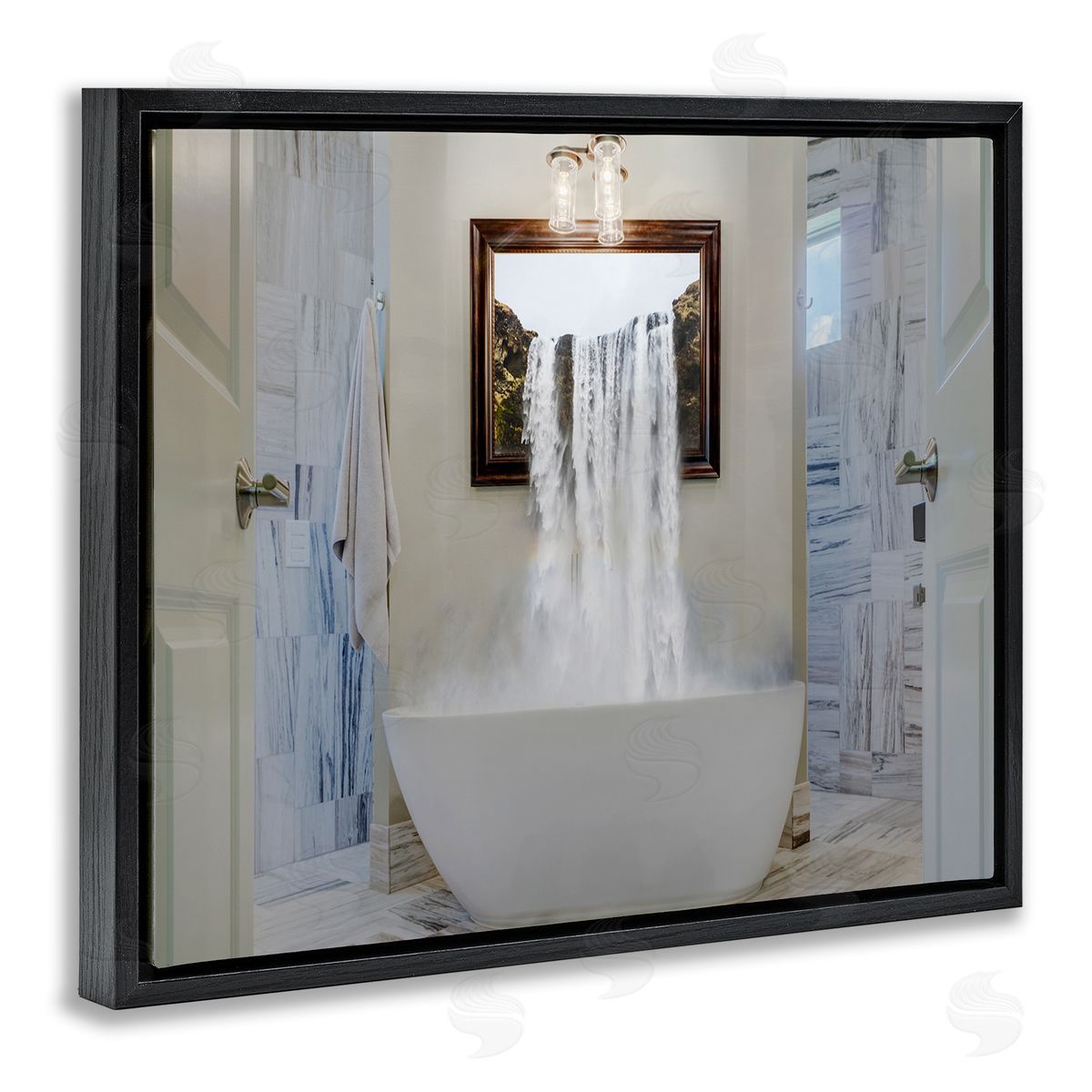 Waterfall Bathtub Bathroom Photograph Black Floating Frame Canvas Wall Art, Home Decor by Milli Villa