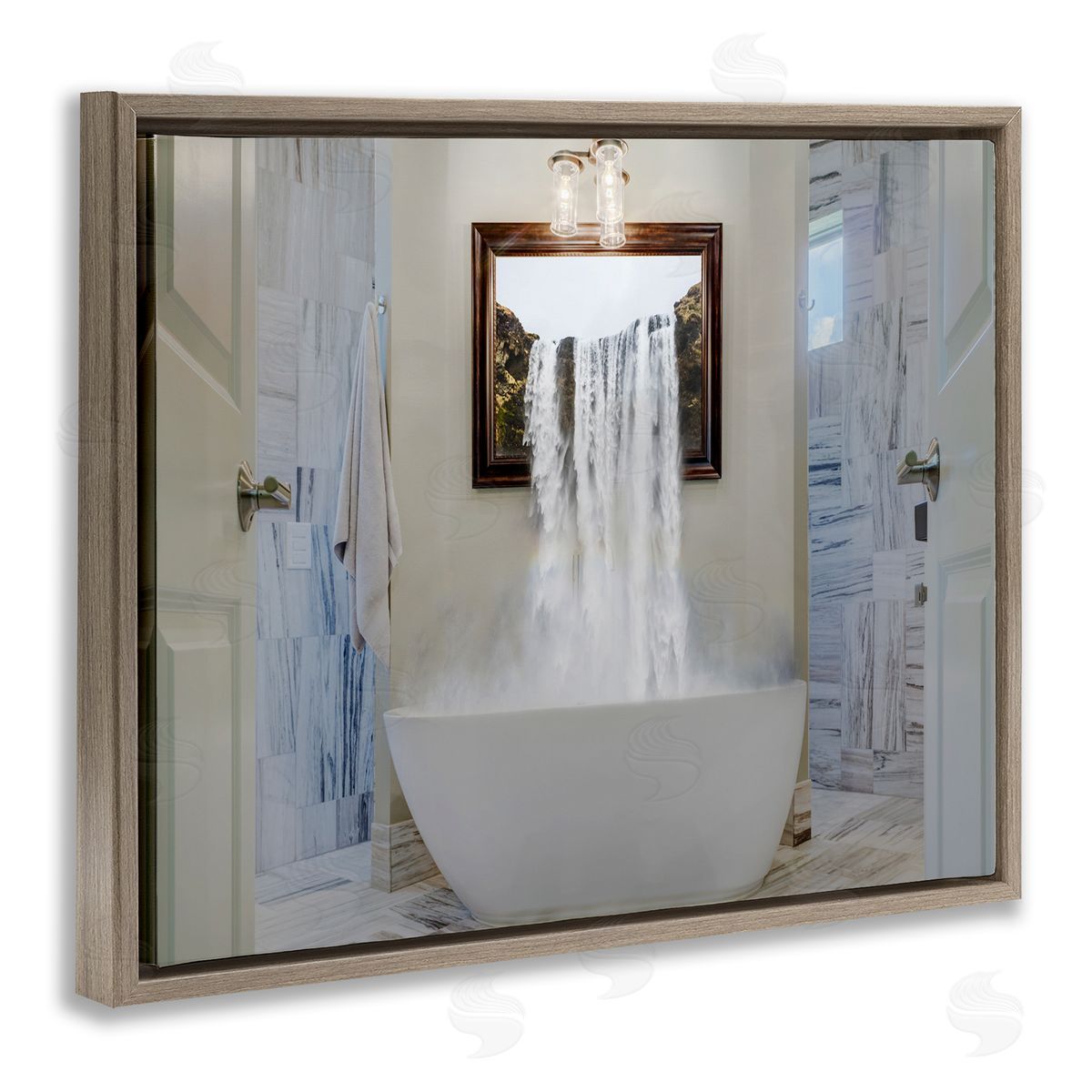 Waterfall Bathtub Bathroom Photograph Brown Floating Frame Canvas Wall Art, Home Decor by Milli Villa