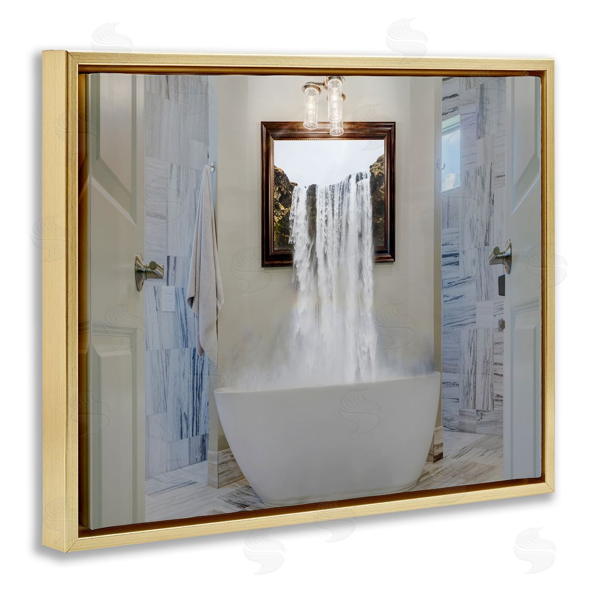 Waterfall Bathtub Bathroom Photograph Gold Floating Frame Canvas Wall Art, Home Decor by Milli Villa