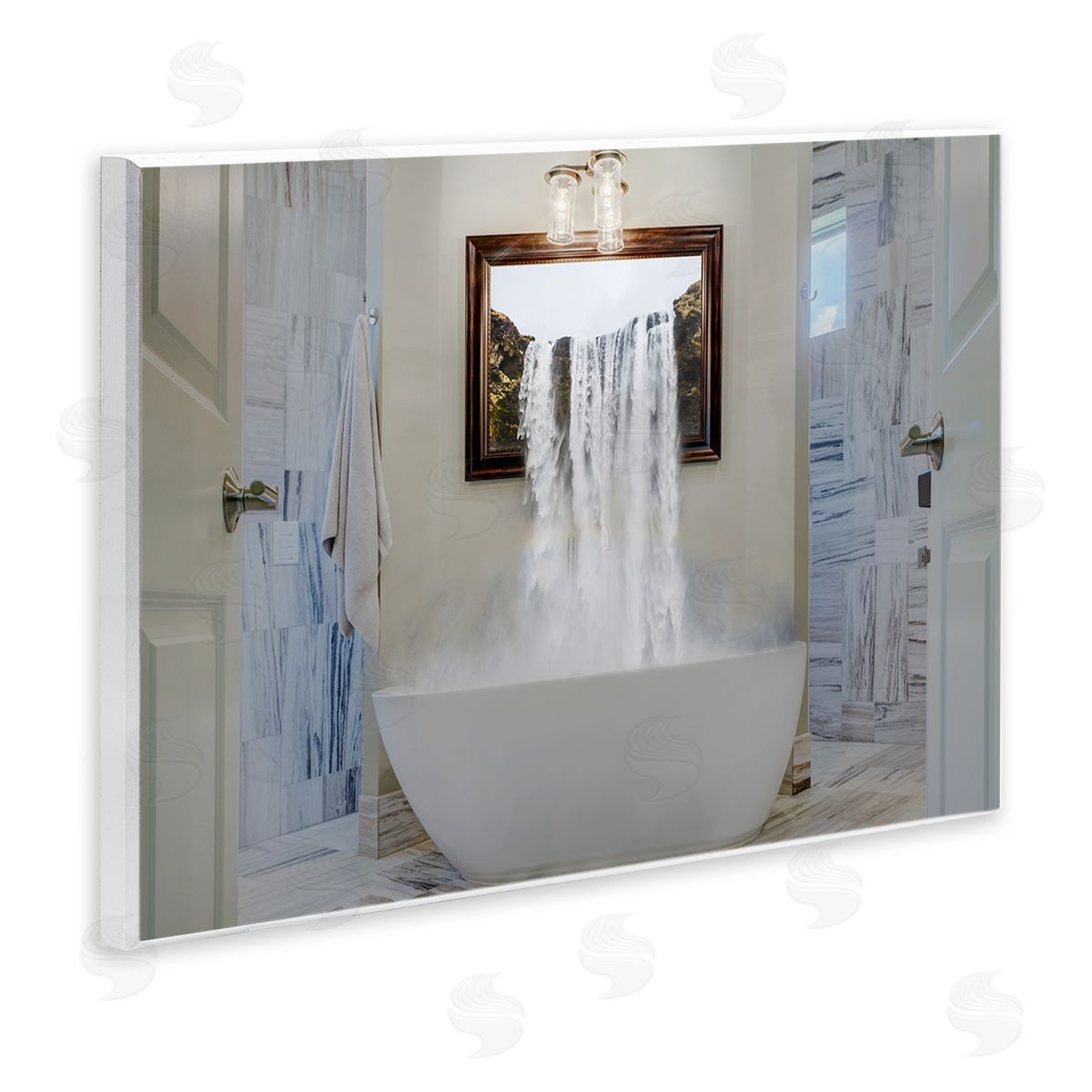 Waterfall Bathtub Bathroom Photograph Wood Plaque Wall Art, Home Decor by Milli Villa