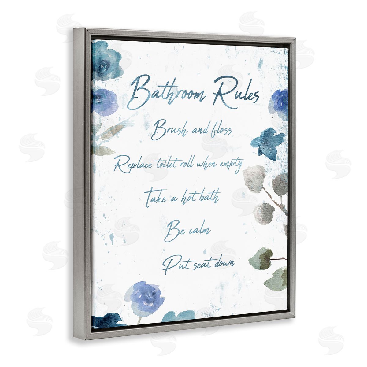 Bathroom Rules Flower Grey Floating Frame Canvas Wall Art, Home Decor by Milli Villa