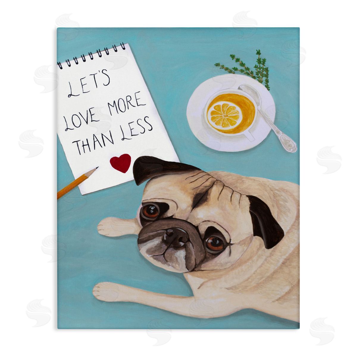 Love More Pug With Tea Canvas Wall Art, Home Decor by Sally B