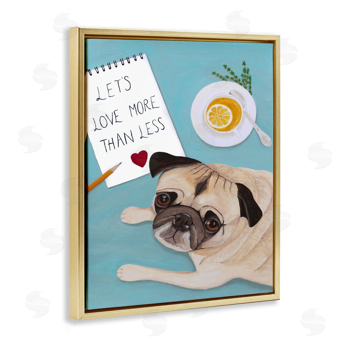 Love More Pug With Tea Gold Floating Frame Canvas Wall Art, Home Decor by Sally B