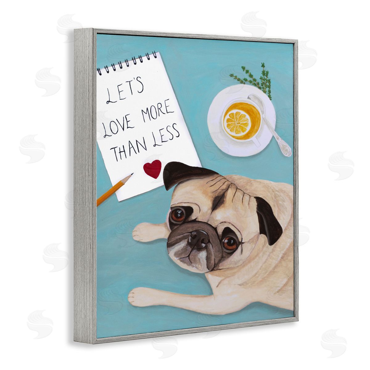 Love More Pug With Tea Grey Frame Print Wall Art, Home Decor by Sally B