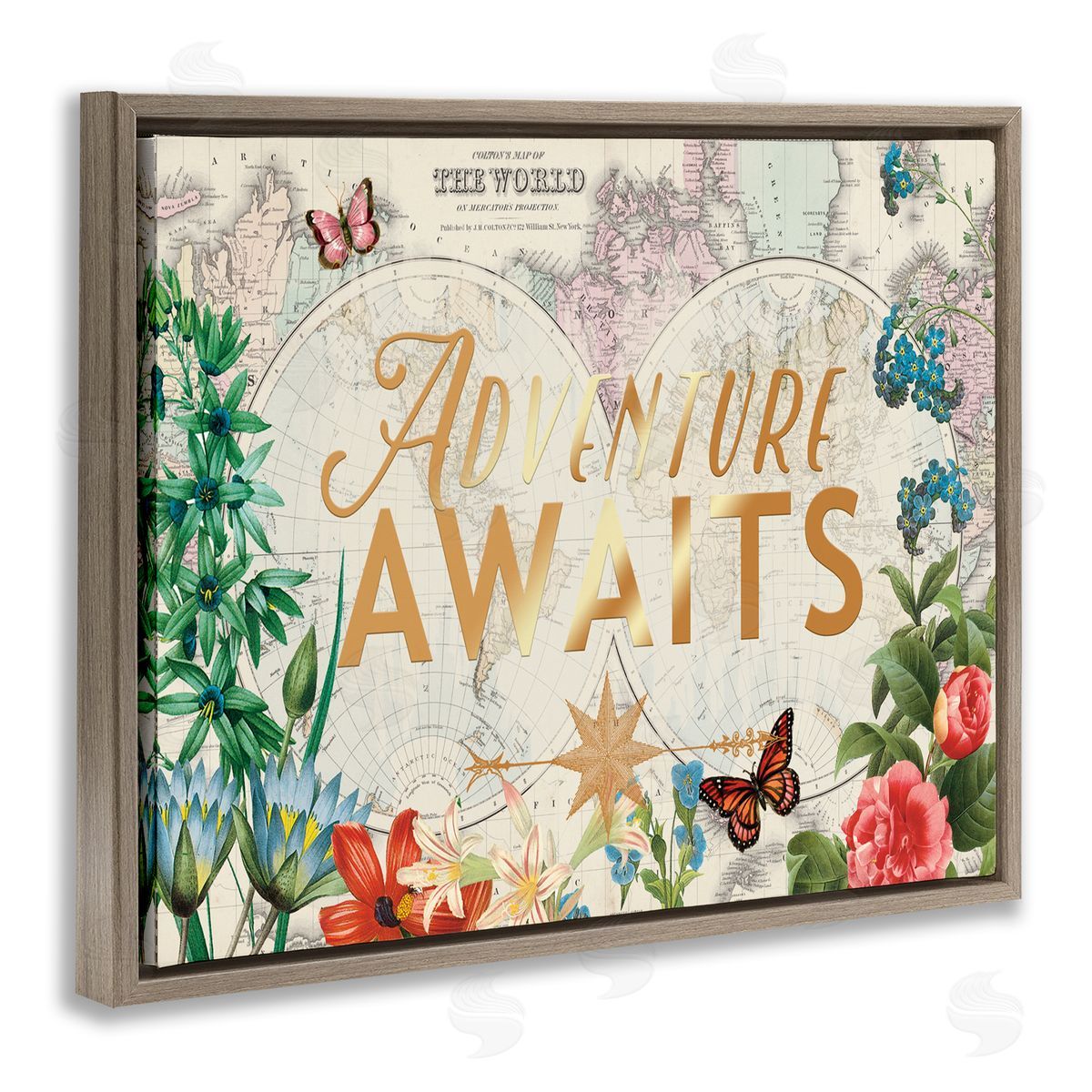 Adventure Awaits Floral Map Brown Floating Frame Canvas Wall Art, Home Decor by Ophelia and Company