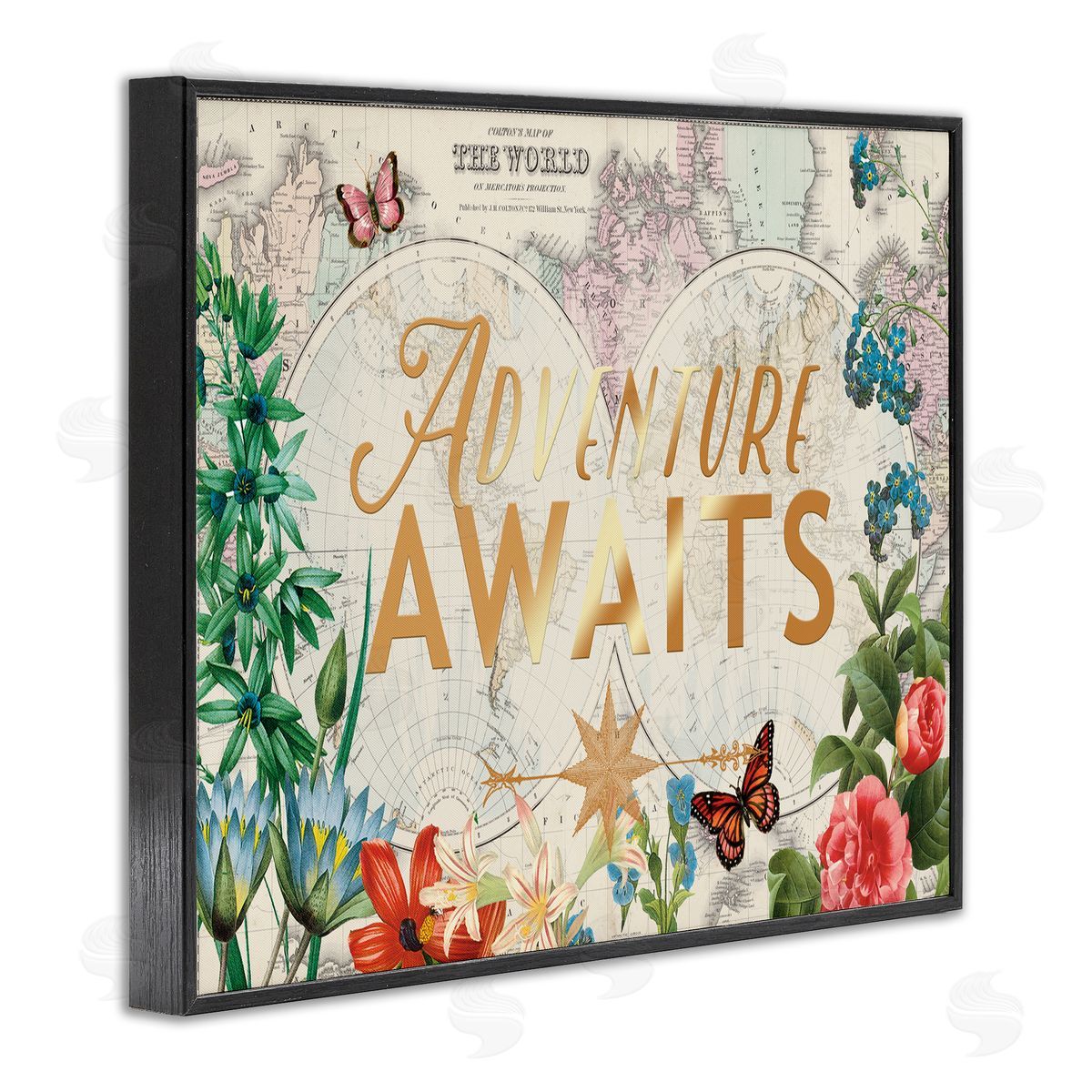 Adventure Awaits Floral Map Black Frame Print Wall Art, Home Decor by Ophelia and Company