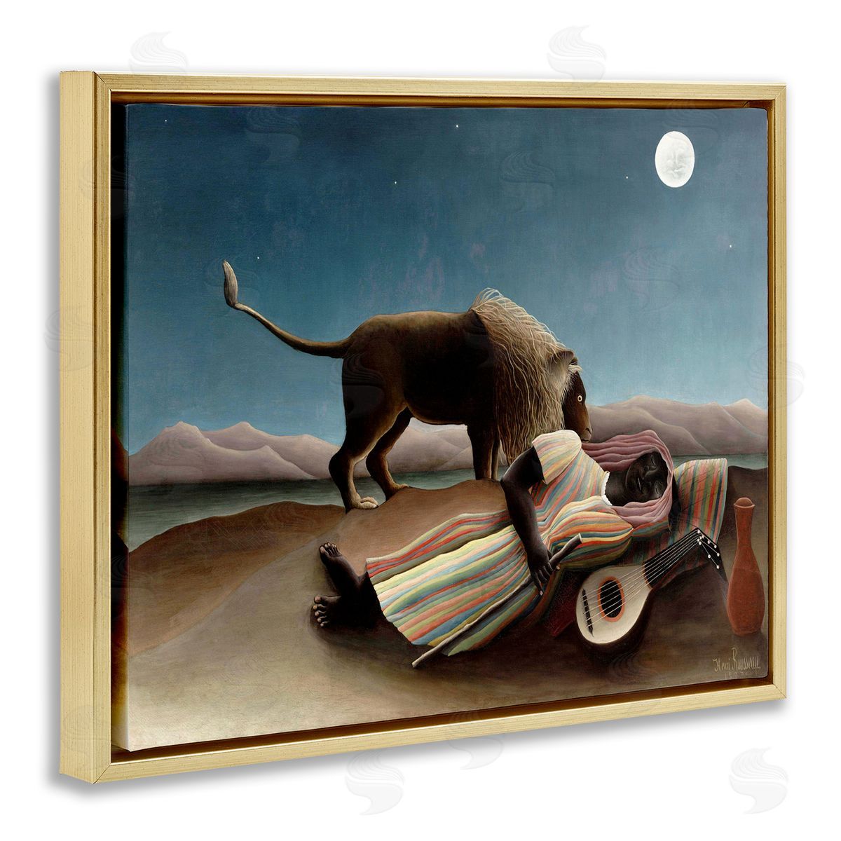The Sleeping Gypsy Painting Gold Floating Frame Canvas Wall Art, Home Decor by Henri Rousseau
