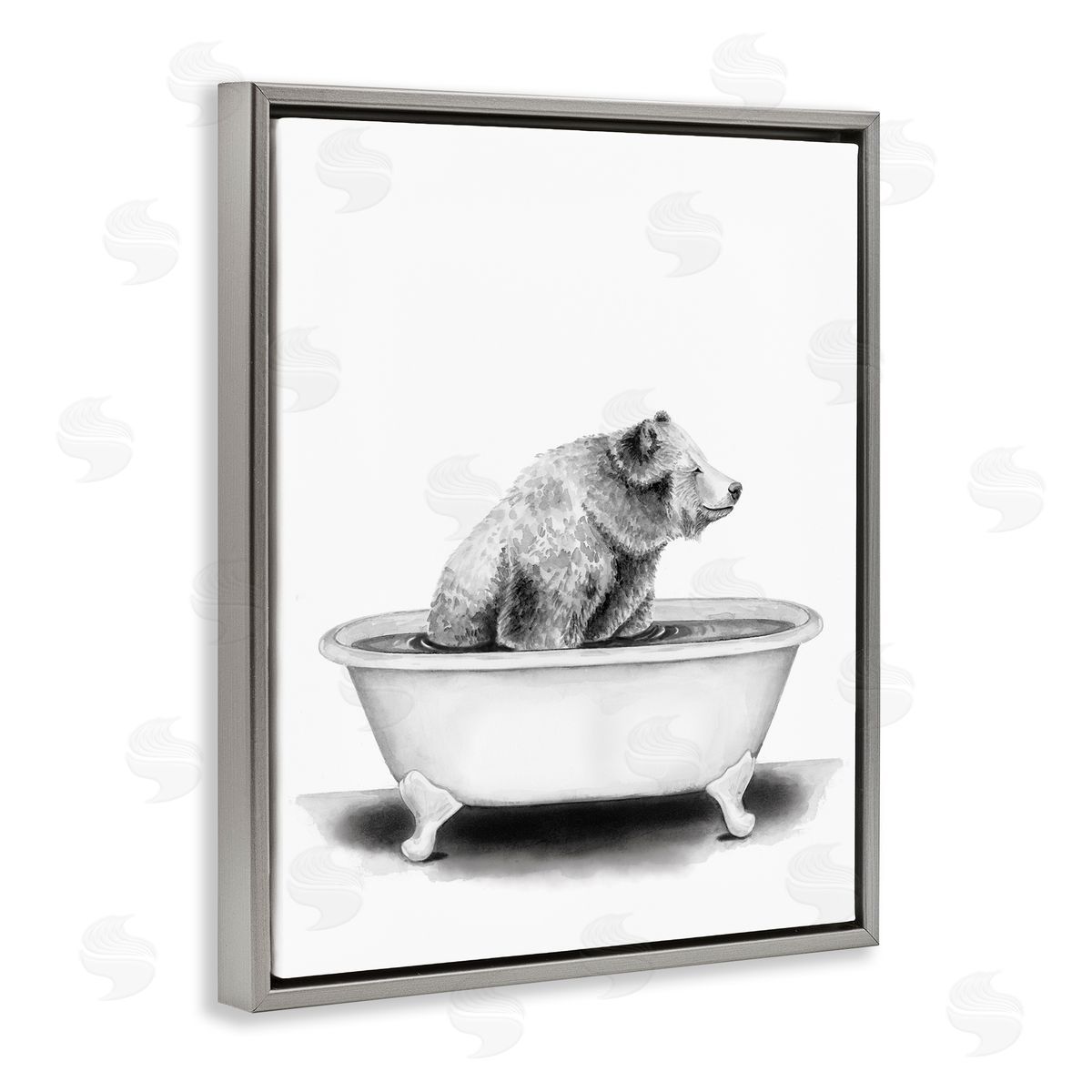 Bear In Tub Rustic Bathroom Grey Floating Frame Canvas Wall Art, Home Decor by Rachel Nieman