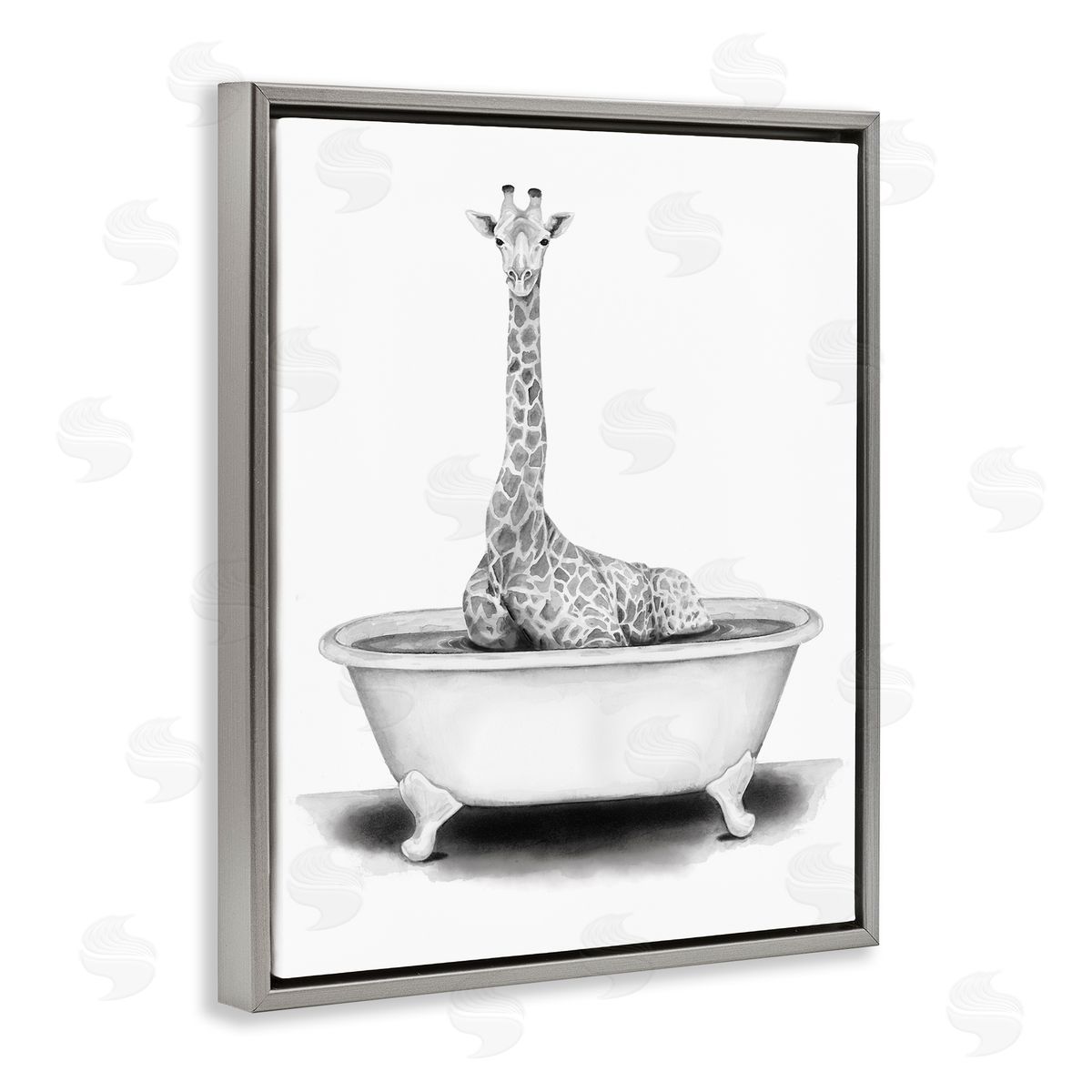 Giraffe In Tub Funny Grey Floating Frame Canvas Wall Art, Home Decor by Rachel Nieman