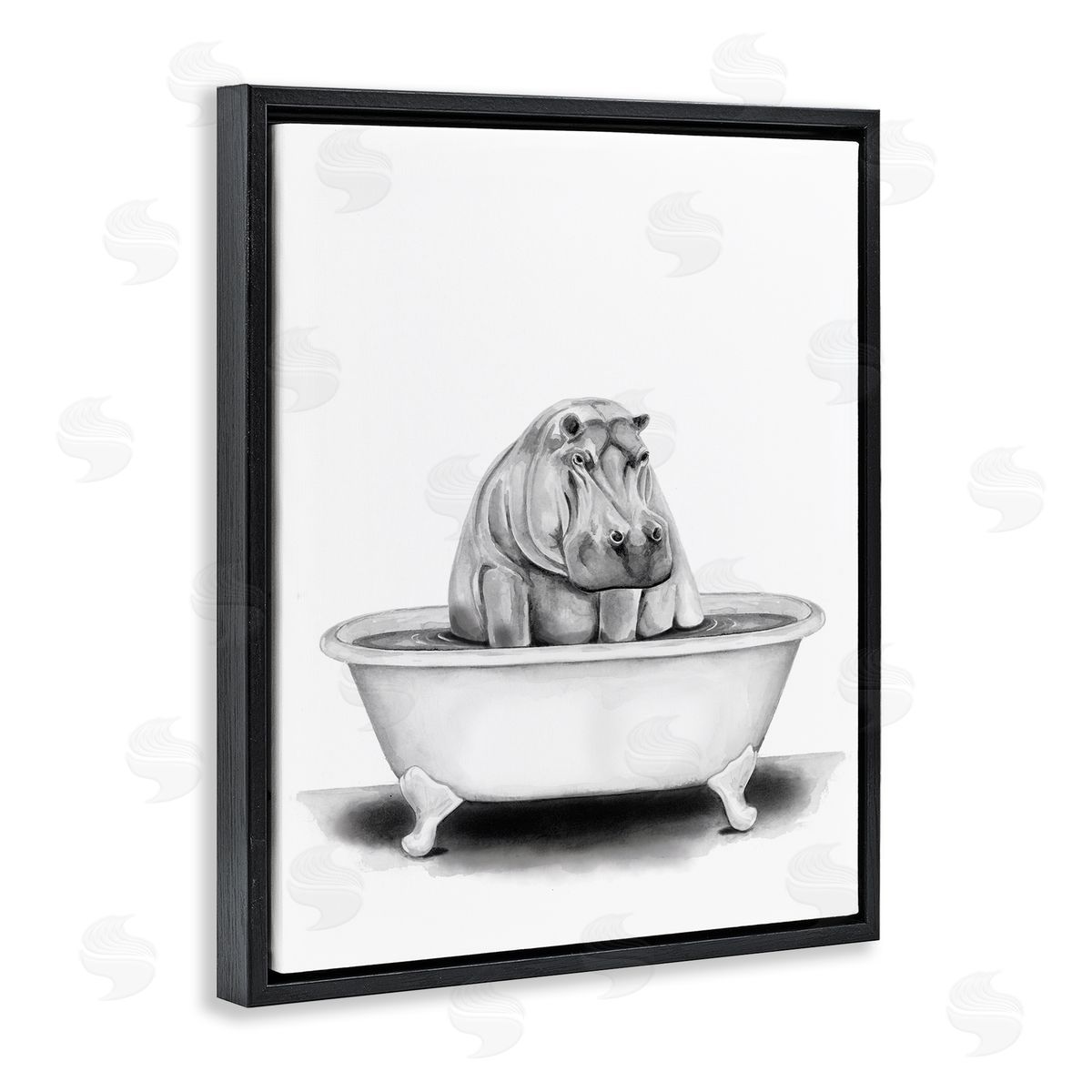 Hippo In A Tub Funny Black Floating Frame Canvas Wall Art, Home Decor by Rachel Nieman