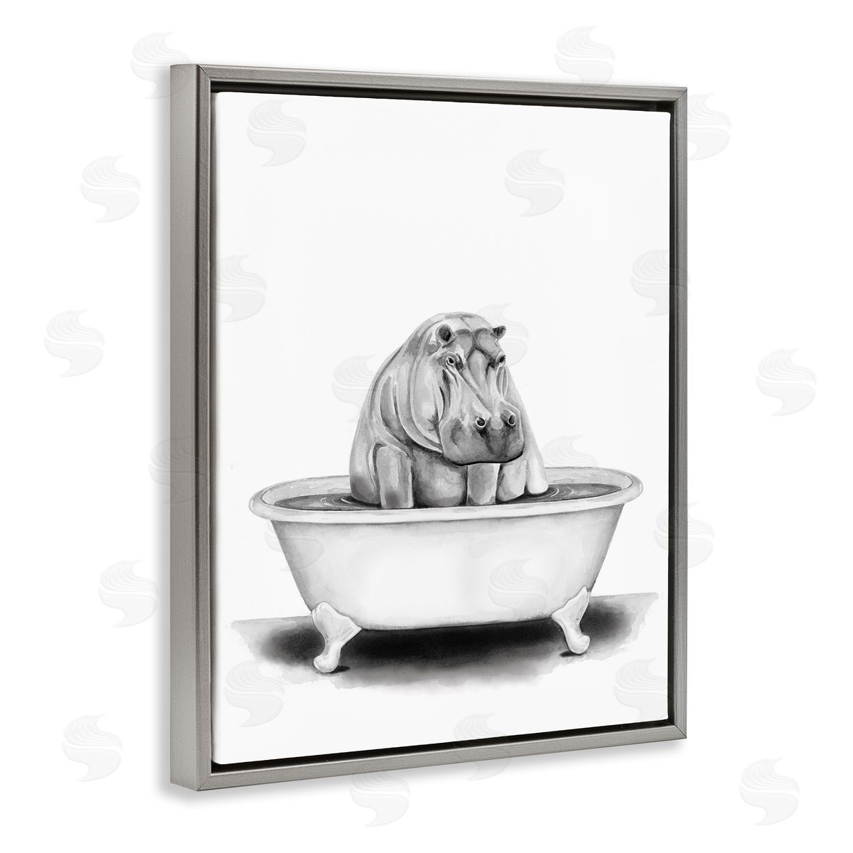 Hippo In A Tub Funny Grey Floating Frame Canvas Wall Art, Home Decor by Rachel Nieman