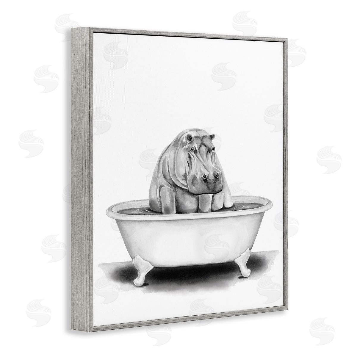 Hippo In A Tub Funny Grey Frame Print Wall Art, Home Decor by Rachel Nieman