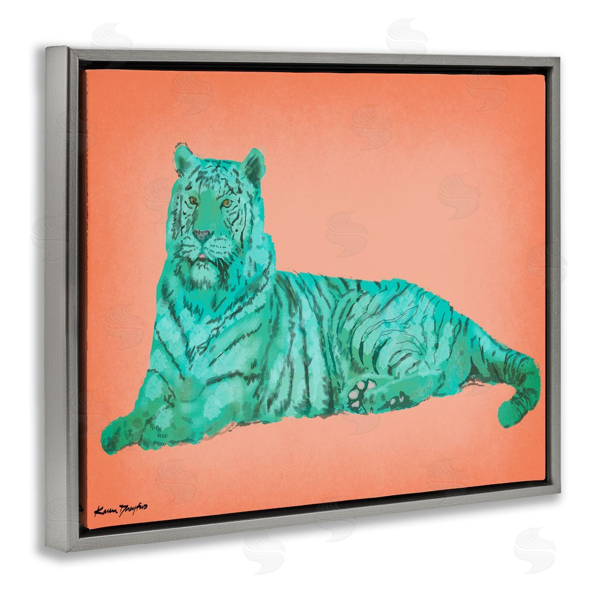 Cyan Pink Tiger Grey Floating Frame Canvas Wall Art, Home Decor by Karen Dreyfus