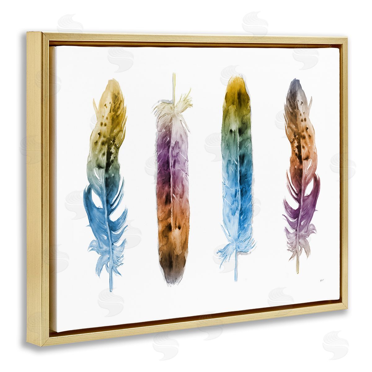 Feathers In Watercolor Gold Floating Frame Canvas Wall Art, Home Decor by Patti Mann