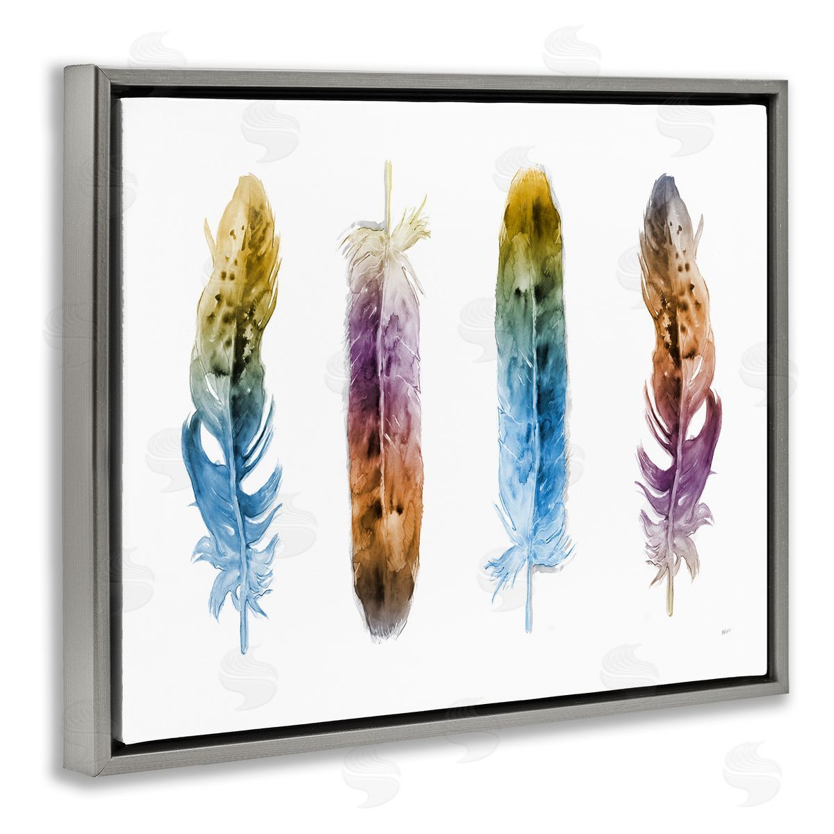 Feathers In Watercolor Grey Floating Frame Canvas Wall Art, Home Decor by Patti Mann