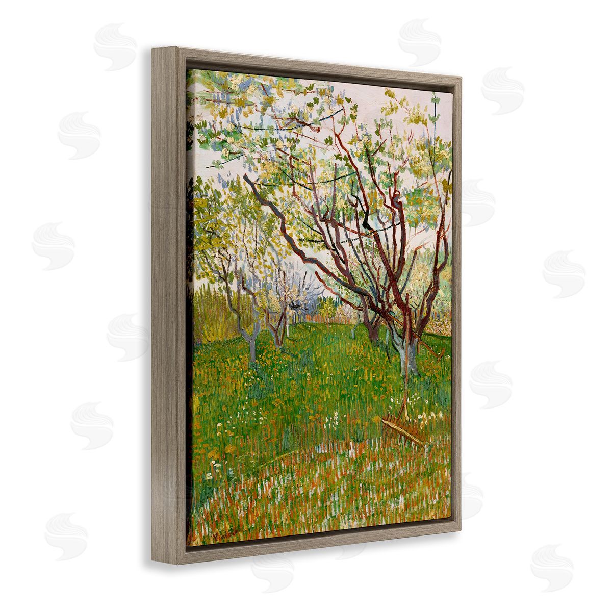 The Flowering Orchard Brown Floating Frame Canvas Wall Art, Home Decor by Vincent Van Gogh