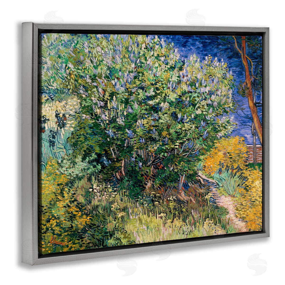 Lilac Bush Classical Painting Grey Floating Frame Canvas Wall Art, Home Decor by Vincent Van Gogh