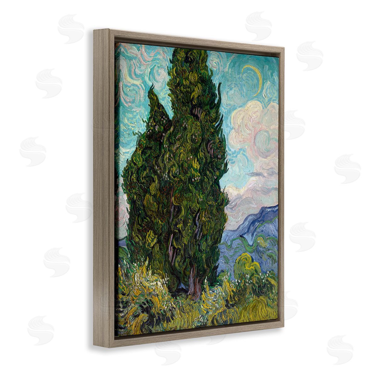 Cypresses, 1889 Classical Painting Brown Floating Frame Canvas Wall Art, Home Decor by Vincent Van Gogh
