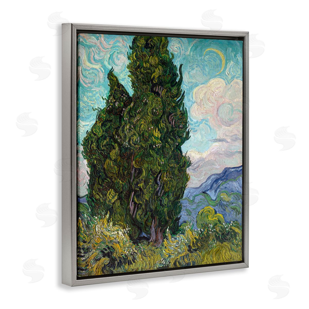Cypresses, 1889 Classical Painting Grey Floating Frame Canvas Wall Art, Home Decor by Vincent Van Gogh
