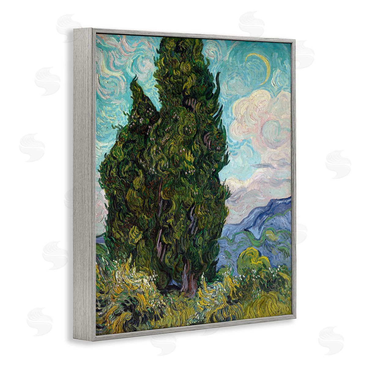 Cypresses, 1889 Classical Painting Grey Frame Print Wall Art, Home Decor by Vincent Van Gogh
