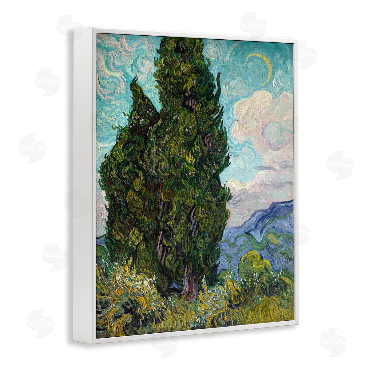 Cypresses, 1889 Classical Painting White Frame Print Wall Art, Home Decor by Vincent Van Gogh