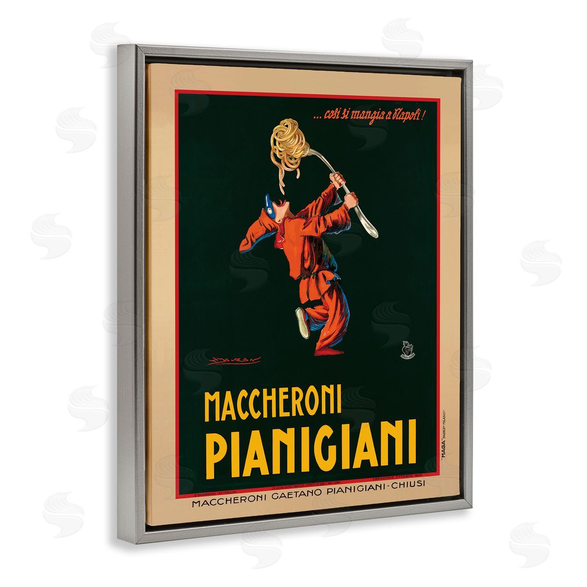 Maccheroni Pianigiani Vintage Poster Grey Floating Frame Canvas Wall Art, Home Decor by Marcello Dudovich