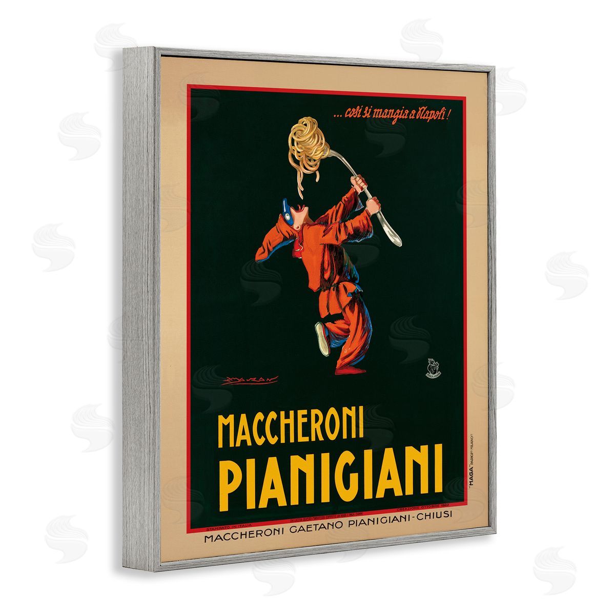 Maccheroni Pianigiani Vintage Poster Grey Frame Print Wall Art, Home Decor by Marcello Dudovich