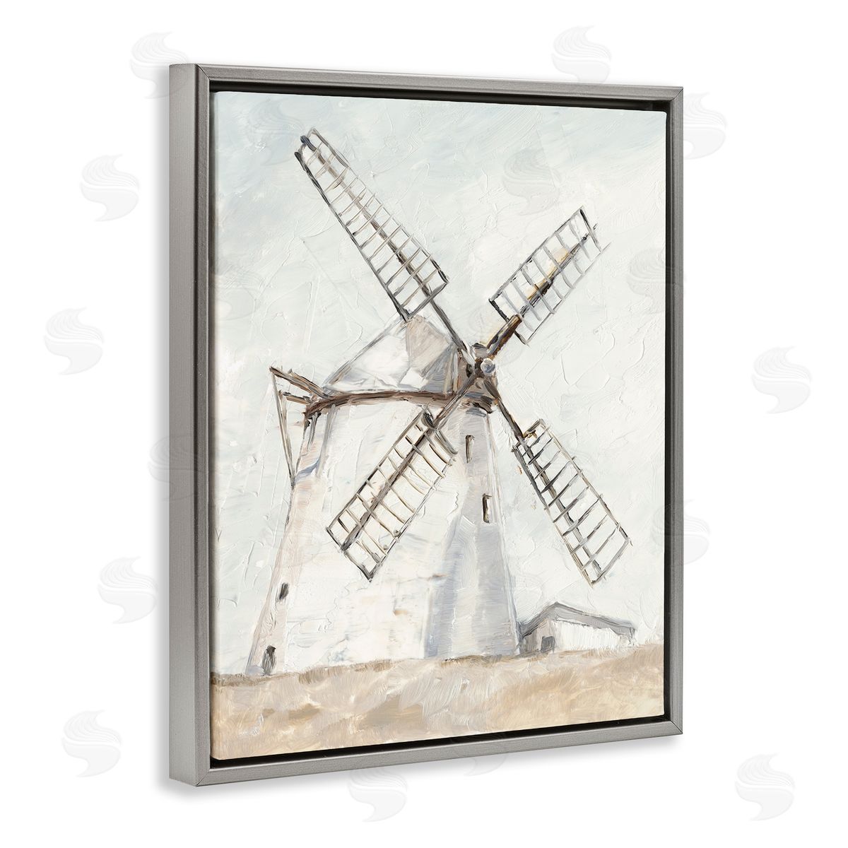 Farm Windmill Landscape Grey Floating Frame Canvas Wall Art, Home Decor by Ethan Harper