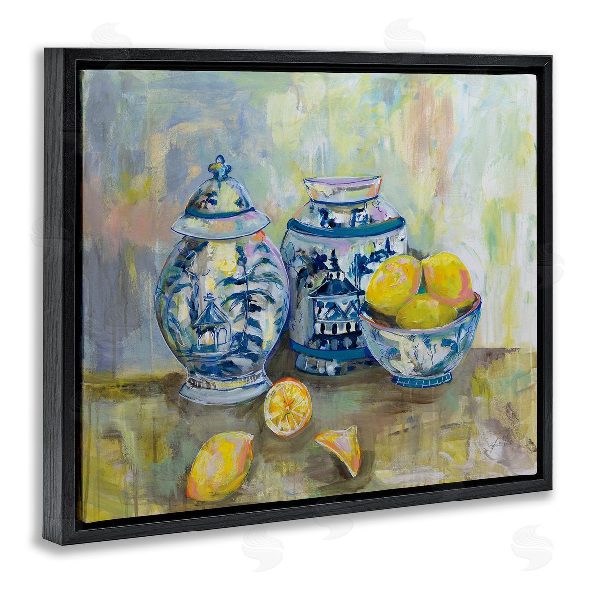 Lemons & Pottery Classical Painting Black Floating Frame Canvas Wall Art, Home Decor by Jeanette Vertentes