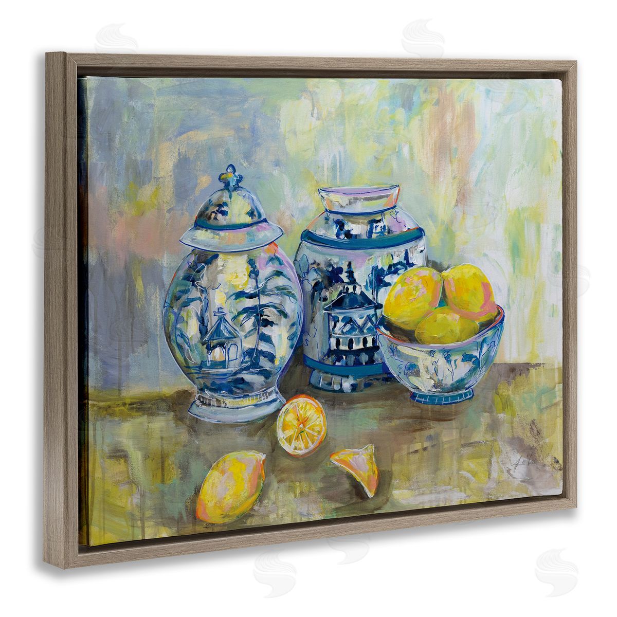 Lemons & Pottery Classical Painting Brown Floating Frame Canvas Wall Art, Home Decor by Jeanette Vertentes