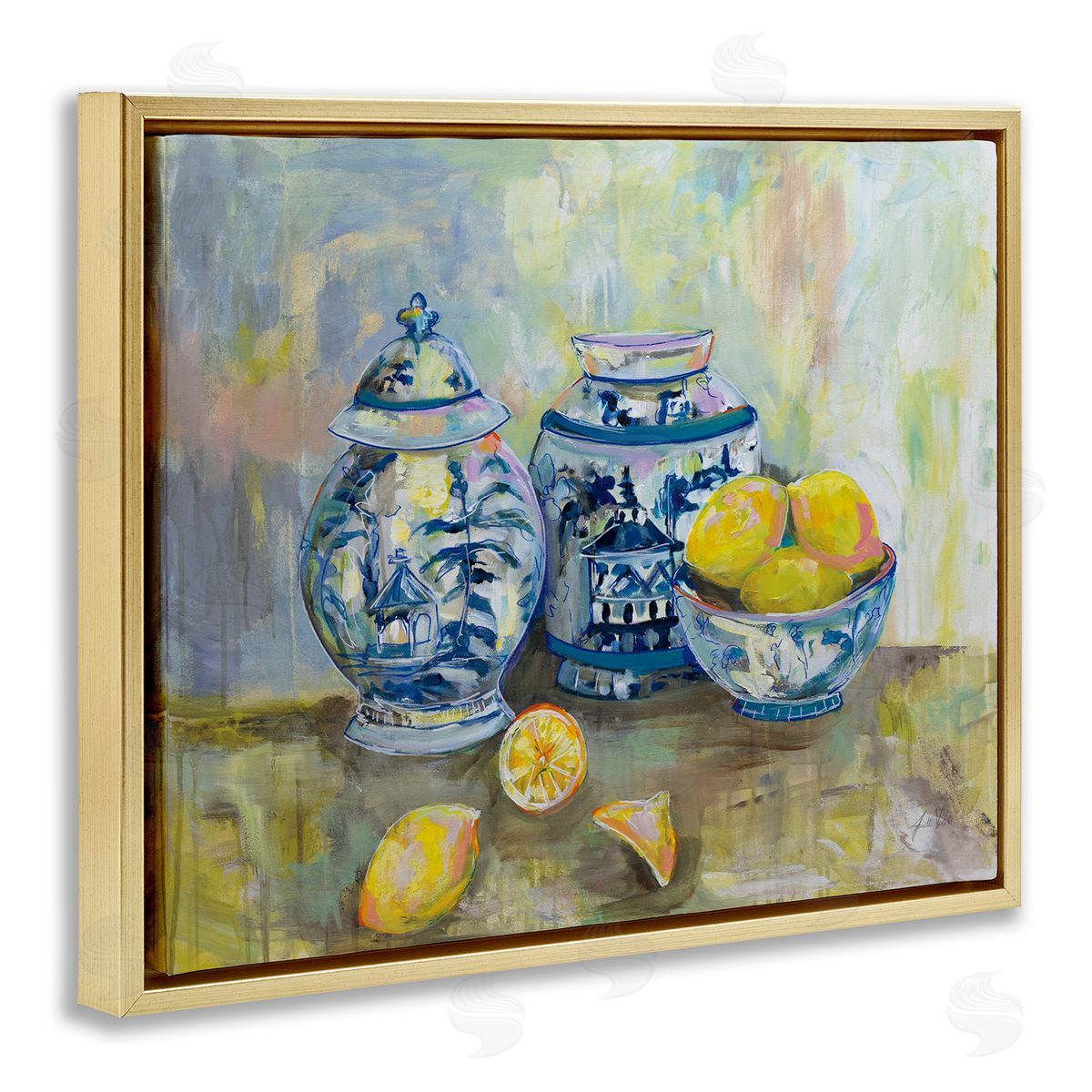 Lemons & Pottery Classical Painting Gold Floating Frame Canvas Wall Art, Home Decor by Jeanette Vertentes