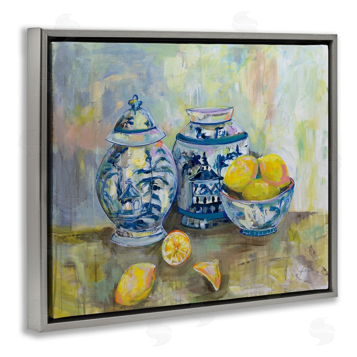 Lemons & Pottery Classical Painting Grey Floating Frame Canvas Wall Art, Home Decor by Jeanette Vertentes