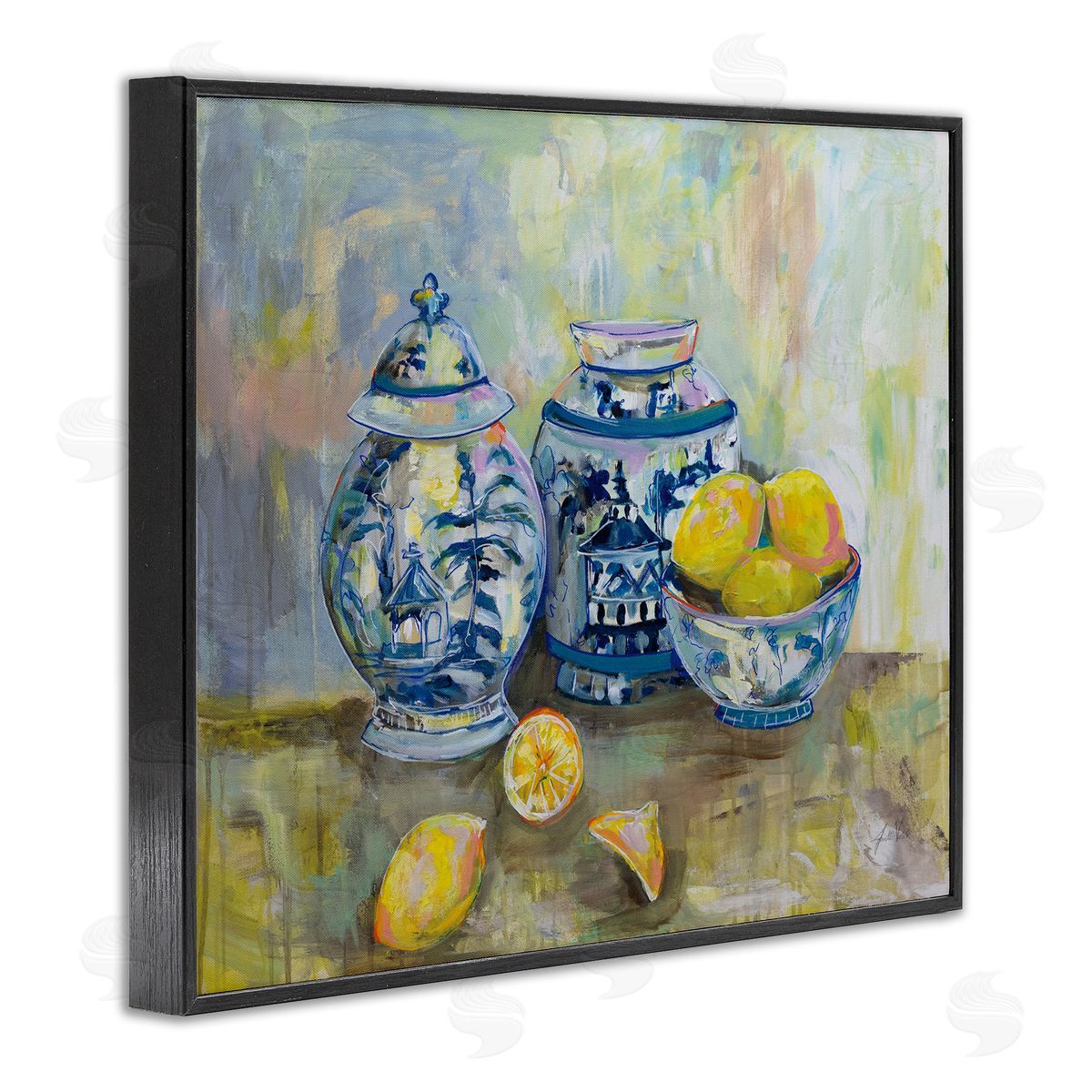 Lemons & Pottery Classical Painting Black Frame Print Wall Art, Home Decor by Jeanette Vertentes
