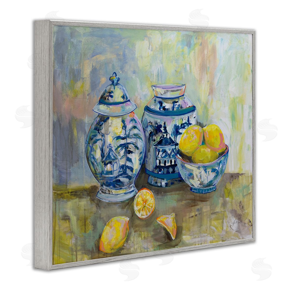 Lemons & Pottery Classical Painting Grey Frame Print Wall Art, Home Decor by Jeanette Vertentes