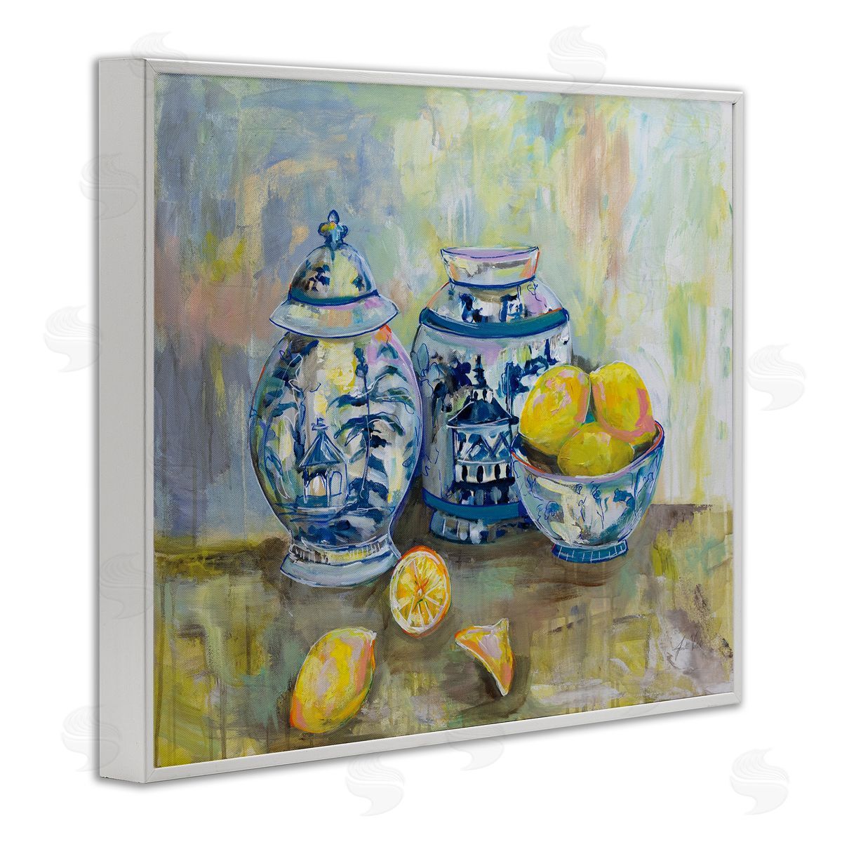 Lemons & Pottery Classical Painting White Frame Print Wall Art, Home Decor by Jeanette Vertentes