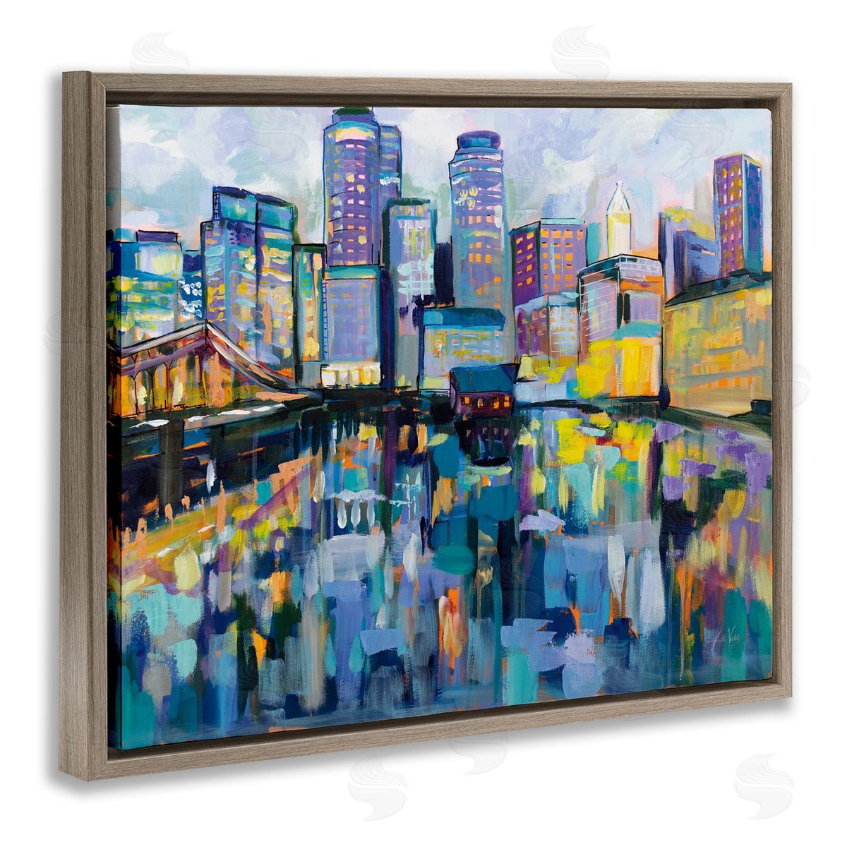 Boston Harbor Cityscape Painting Brown Floating Frame Canvas Wall Art, Home Decor by Jeanette Vertentes