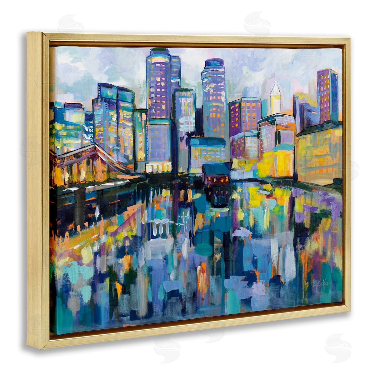 Boston Harbor Cityscape Painting Gold Floating Frame Canvas Wall Art, Home Decor by Jeanette Vertentes