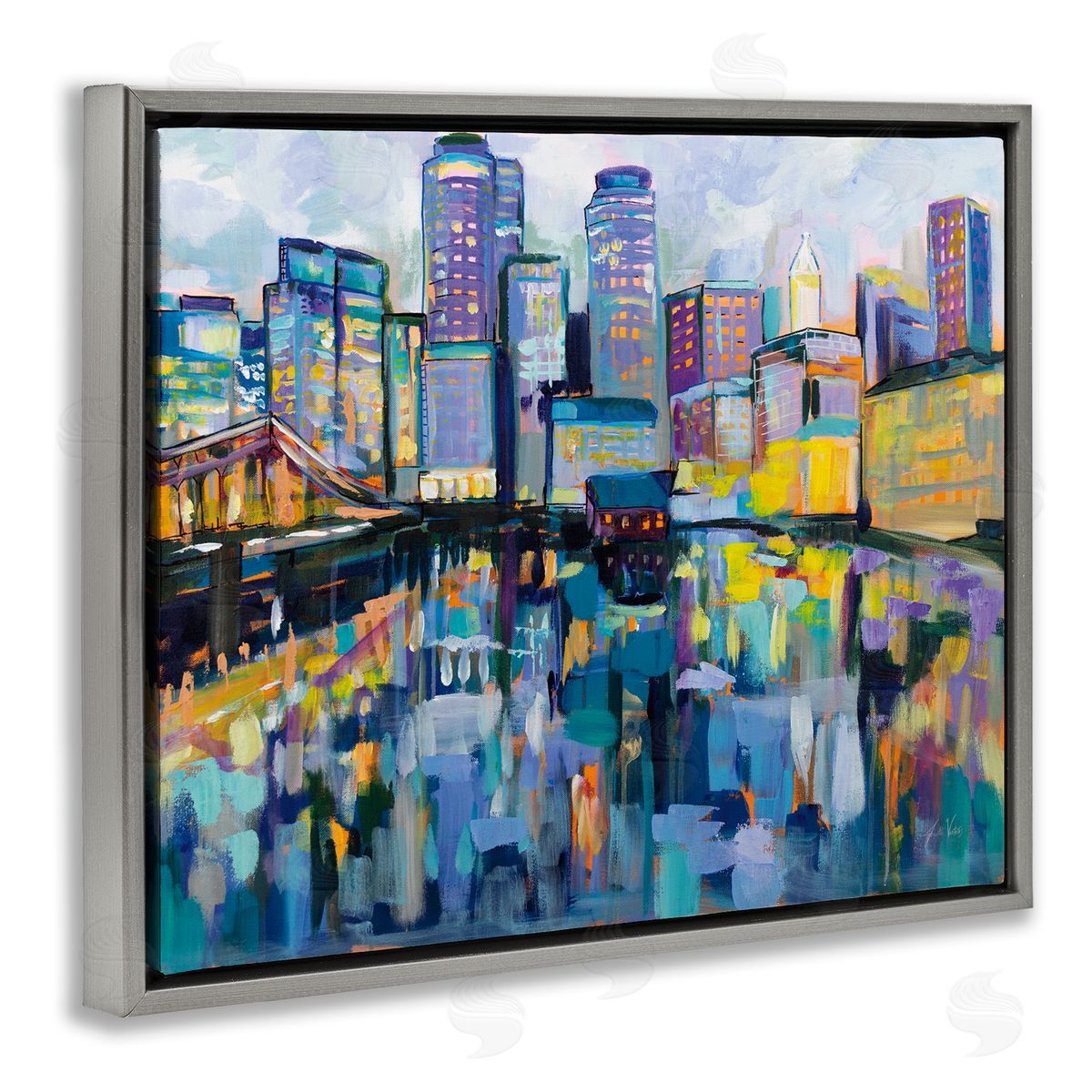 Boston Harbor Cityscape Painting Grey Floating Frame Canvas Wall Art, Home Decor by Jeanette Vertentes