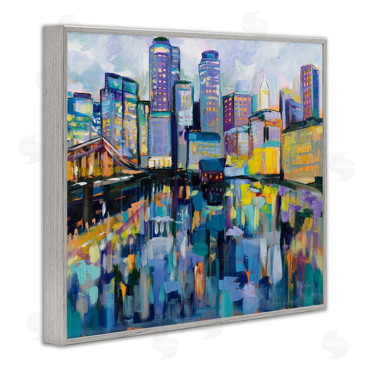 Boston Harbor Cityscape Painting Grey Frame Print Wall Art, Home Decor by Jeanette Vertentes