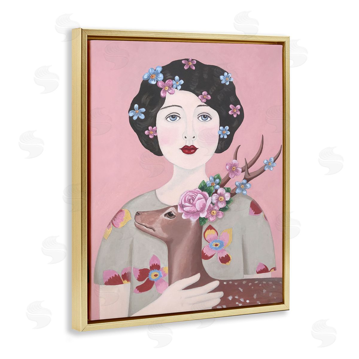 Woman And Deer Pink Animal Painting Gold Floating Frame Canvas Wall Art, Home Decor by Sally B