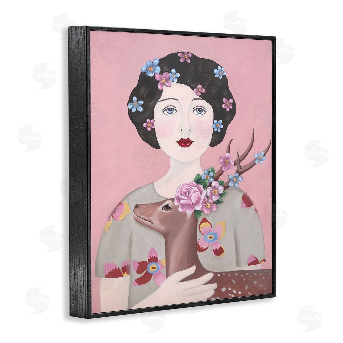Woman And Deer Pink Animal Painting Black Frame Print Wall Art, Home Decor by Sally B