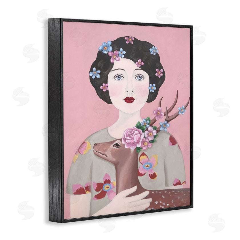 Sally B | Woman And Deer Pink Animal Painting