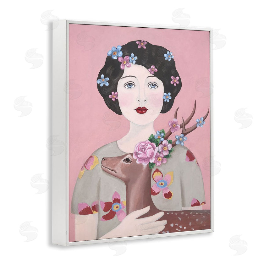 Sally B | Woman And Deer Pink Animal Painting