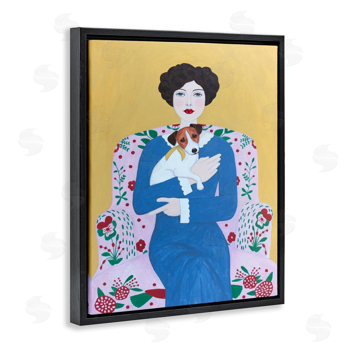 Woman & Dog On Armchair Black Floating Frame Canvas Wall Art, Home Decor by Sally B