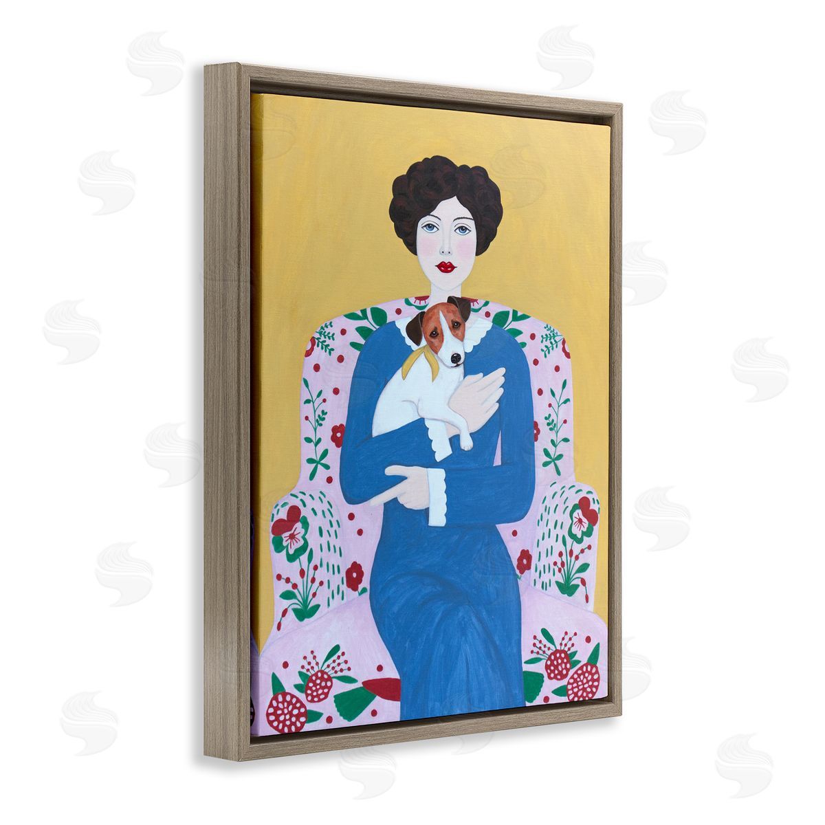 Woman & Dog On Armchair Brown Floating Frame Canvas Wall Art, Home Decor by Sally B