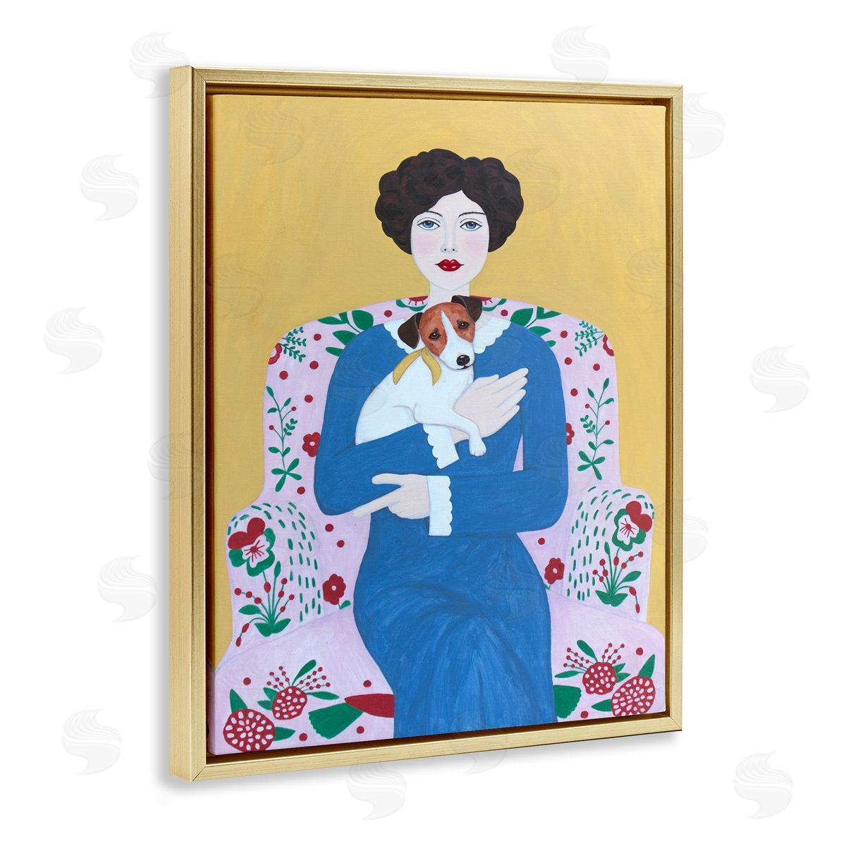 Woman & Dog On Armchair Gold Floating Frame Canvas Wall Art, Home Decor by Sally B