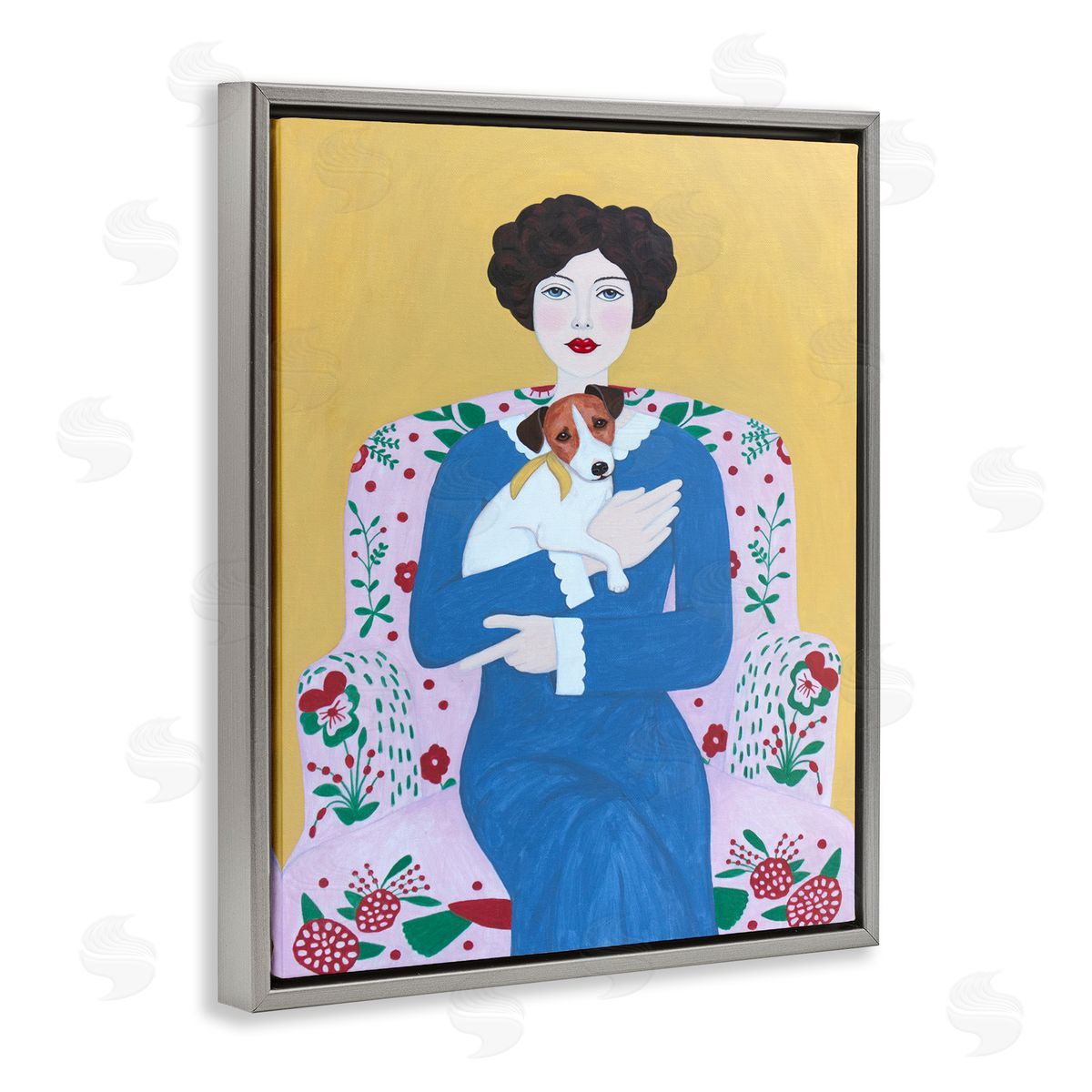 Woman & Dog On Armchair Grey Floating Frame Canvas Wall Art, Home Decor by Sally B